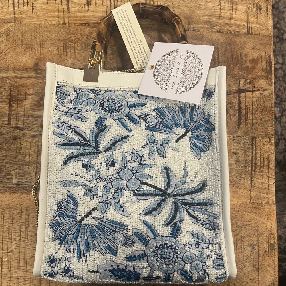 Floral Beaded Tote with Bamboo Handles with gold chain